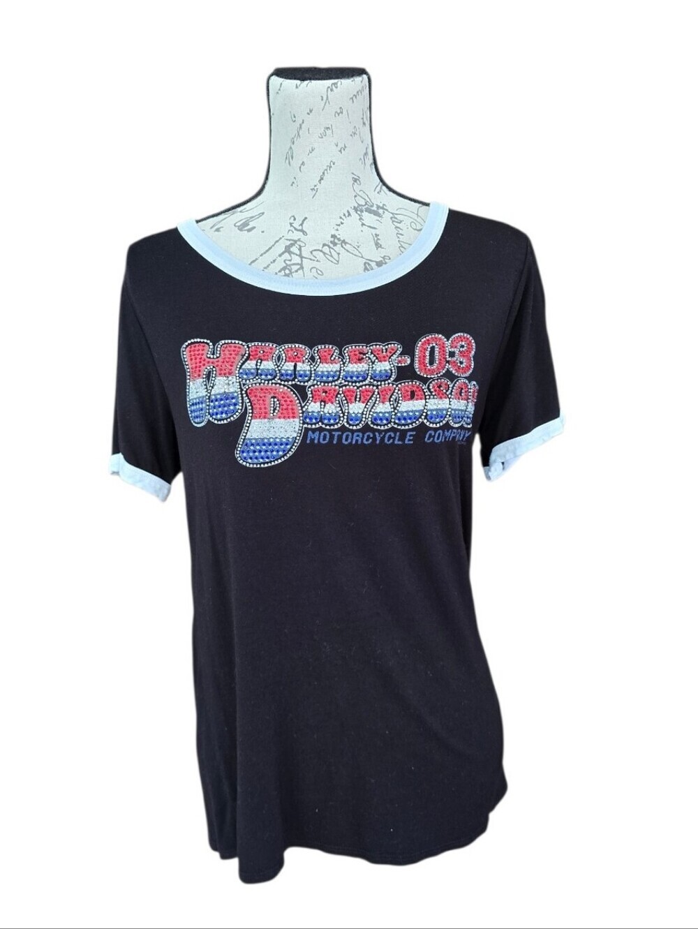 Harley-Davidson Black Patriotic Red White Blue Graphic Short Sleeve Top M